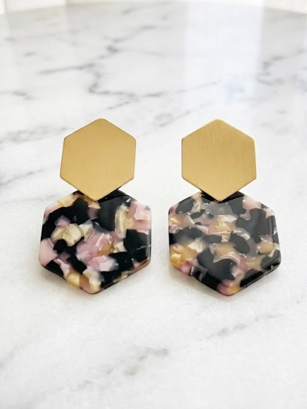 Black Ladies Hexagon Multi Color Print Earrings